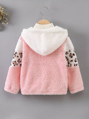 Jaqueta Infantil Feminina com Capuz e Zíper Pelúcia Colorblock Estampa Leopardo Jaqueta Menina 01 Kabannas 