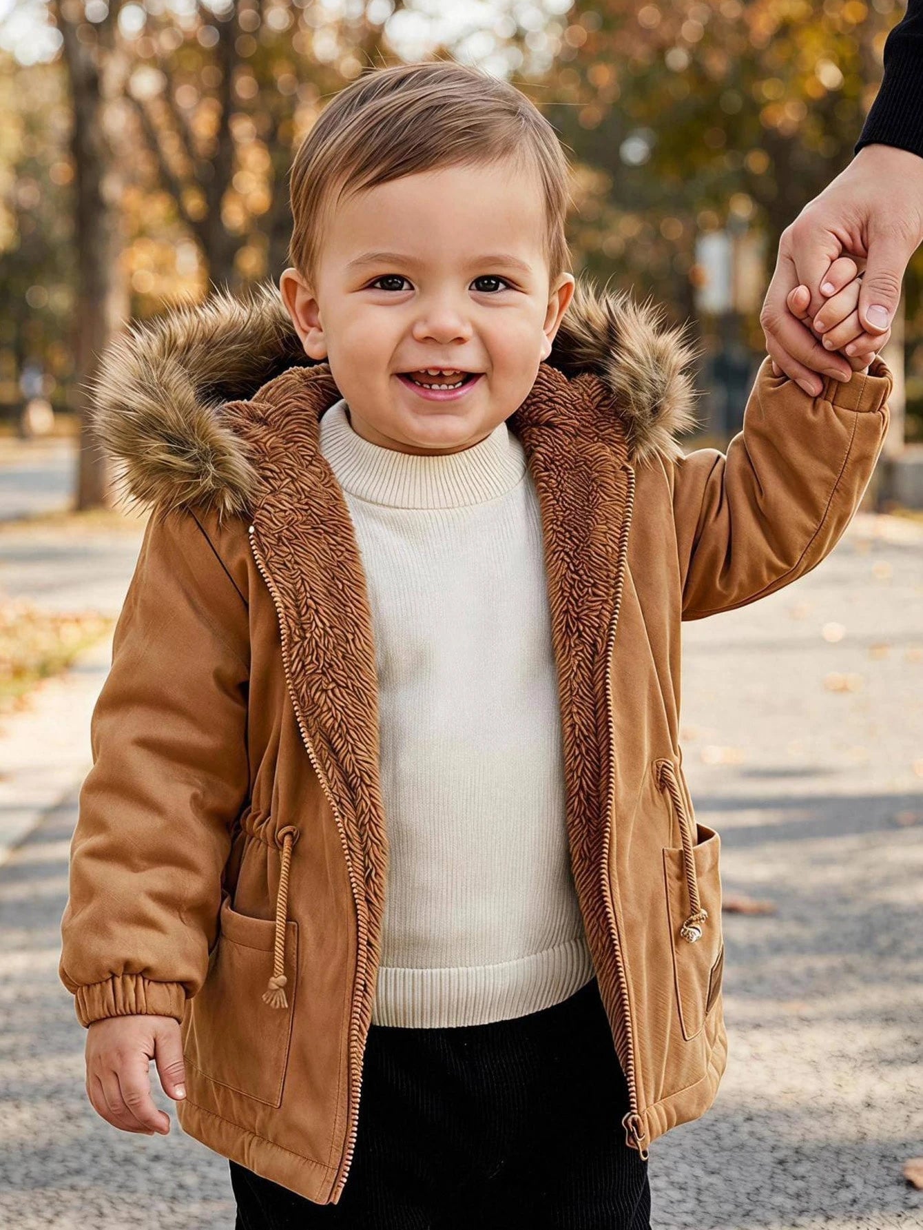 Jaqueta Infantil Menino Parka com Capuz de Pelúcia e Forro Quentinho - Castanho