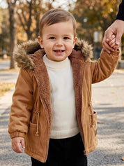 Jaqueta Infantil Menino Parka com Capuz de Pelúcia e Forro Quentinho - Castanho