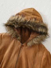 Jaqueta Infantil Menino Parka com Capuz de Pelúcia e Forro Quentinho - Castanho