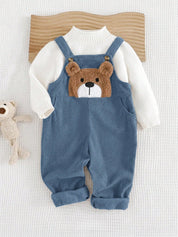 Jardineira Bebê Menino Canelada Aplique Urso 3D 001 Macacão Menino 04 Kabannas Azul Recém-nascido 