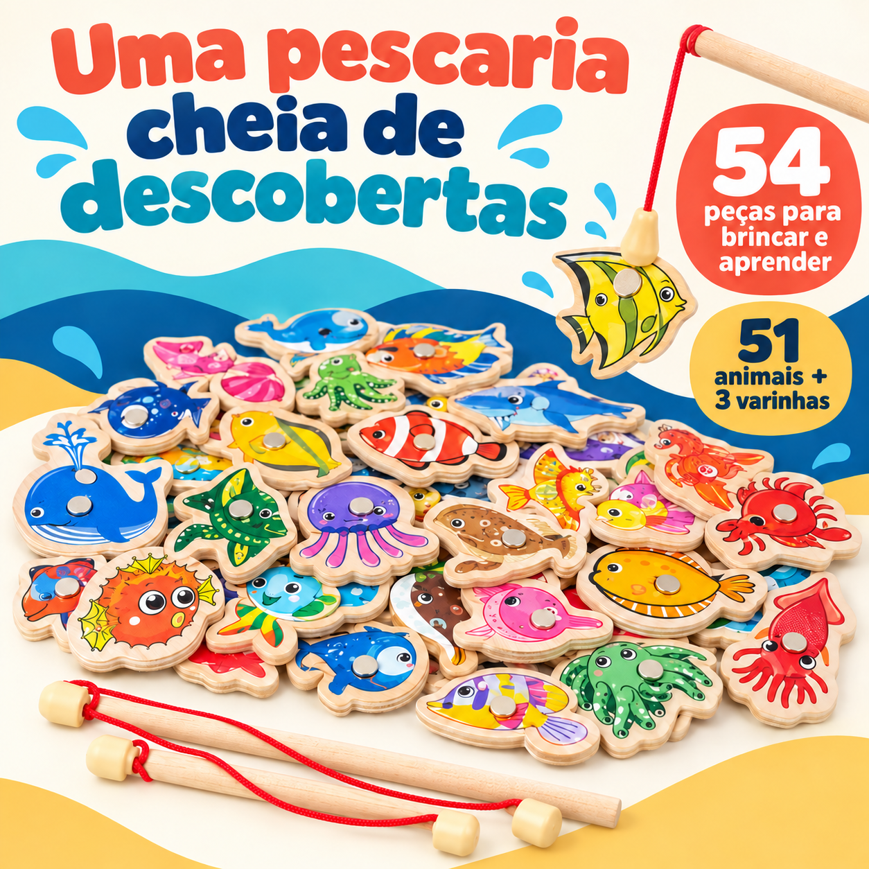 Jogo de pesca magnética de madeira com 54 peças