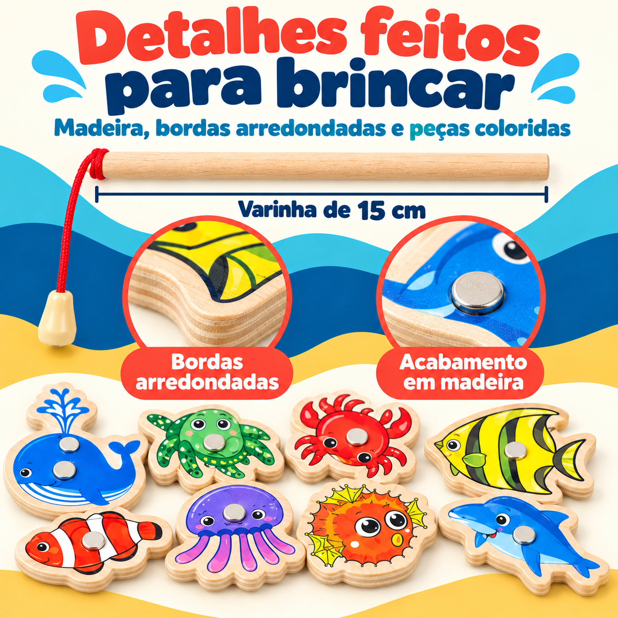 Peças de madeira com bordas arredondadas e varinha de 15 cm