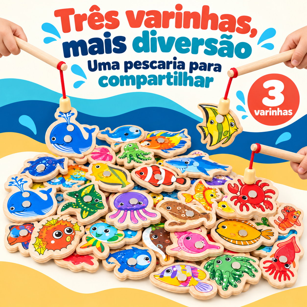 Kit de pesca magnética com três varinhas de madeira