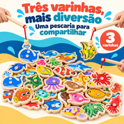 Kit de pesca magnética com três varinhas de madeira