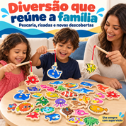 Família brincando com o jogo de pesca magnética