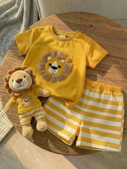Conjunto Infantil Menino Camiseta Leão 3D e Shorts Listrado