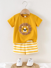 Conjunto Infantil Menino Camiseta Leão 3D e Shorts Listrado