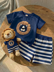 Conjunto Infantil Menino Camiseta Leão 3D e Shorts Listrado