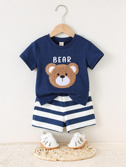 Conjunto Infantil Menino Camiseta Leão 3D e Shorts Listrado