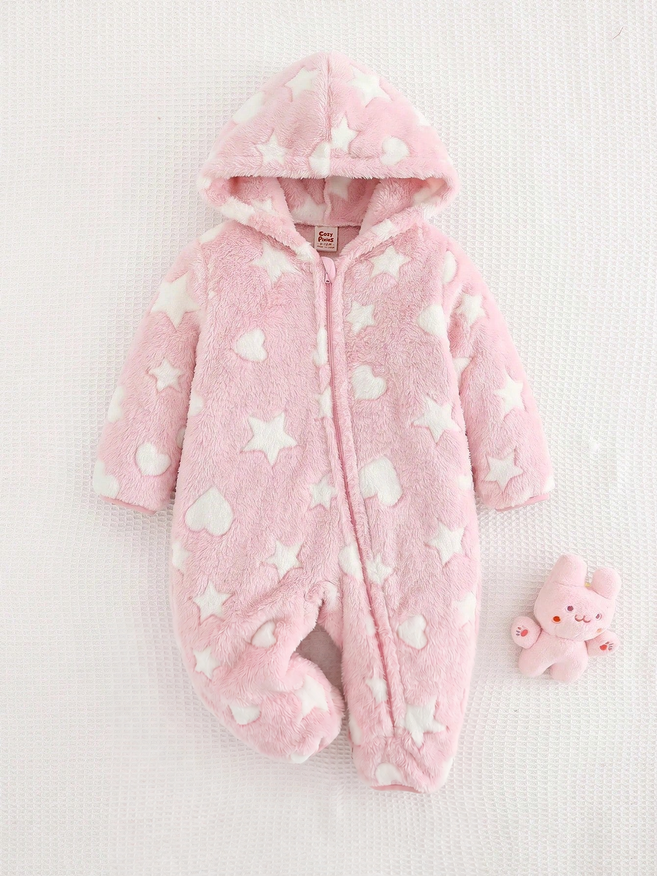 Macacão Bebê Menina com Capuz Plush Coração e Estrela