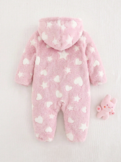 Macacão Bebê Menina com Capuz Plush Coração e Estrela
