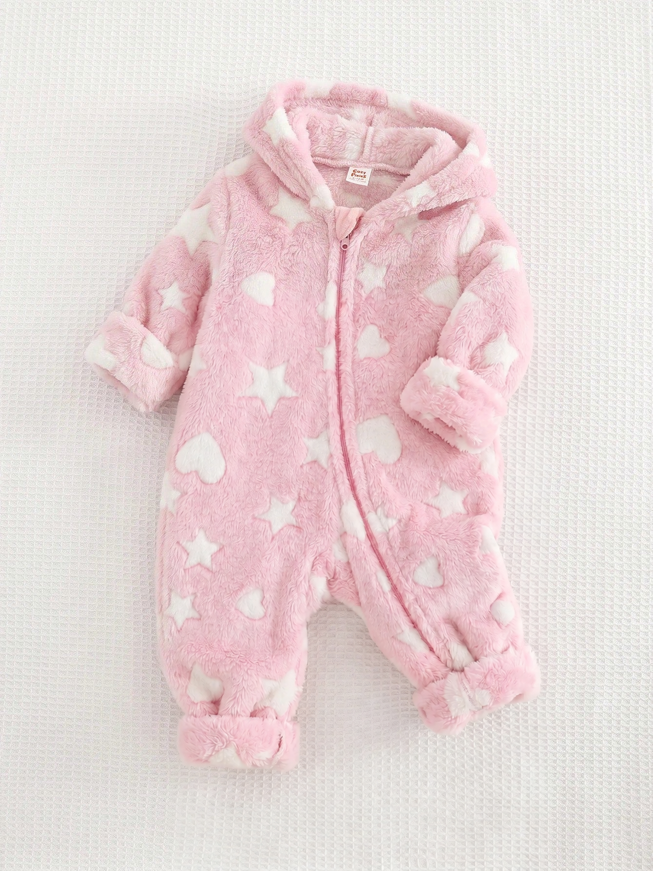 Macacão Bebê Menina com Capuz Plush Coração e Estrela
