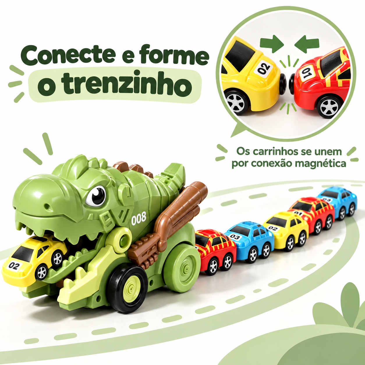 Minicarrinhos conectados magneticamente ao dinossauro