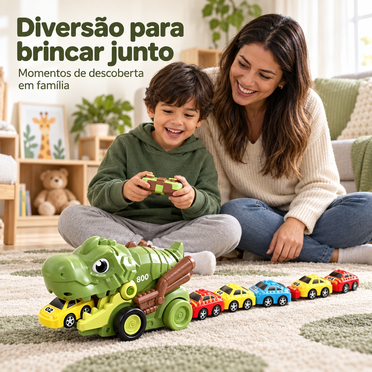 Criança brincando com carrinho dinossauro de controle remoto