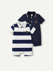 Kit 2 Bodies Polo Bebê Menino Liso e Listrado 004 Body Menino 02 Kabannas Azul marinho e branco Recém-nascido 