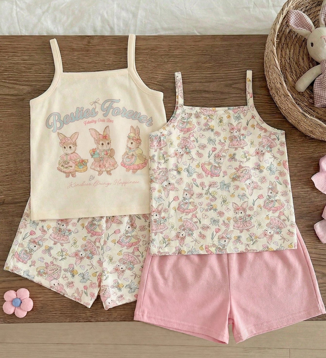 Kit 2 Conjuntos Bebê Menina Regata Coelho e Shorts 004 Conjunto Menina 20 Kabannas Rosa e bege 6-9 Meses 