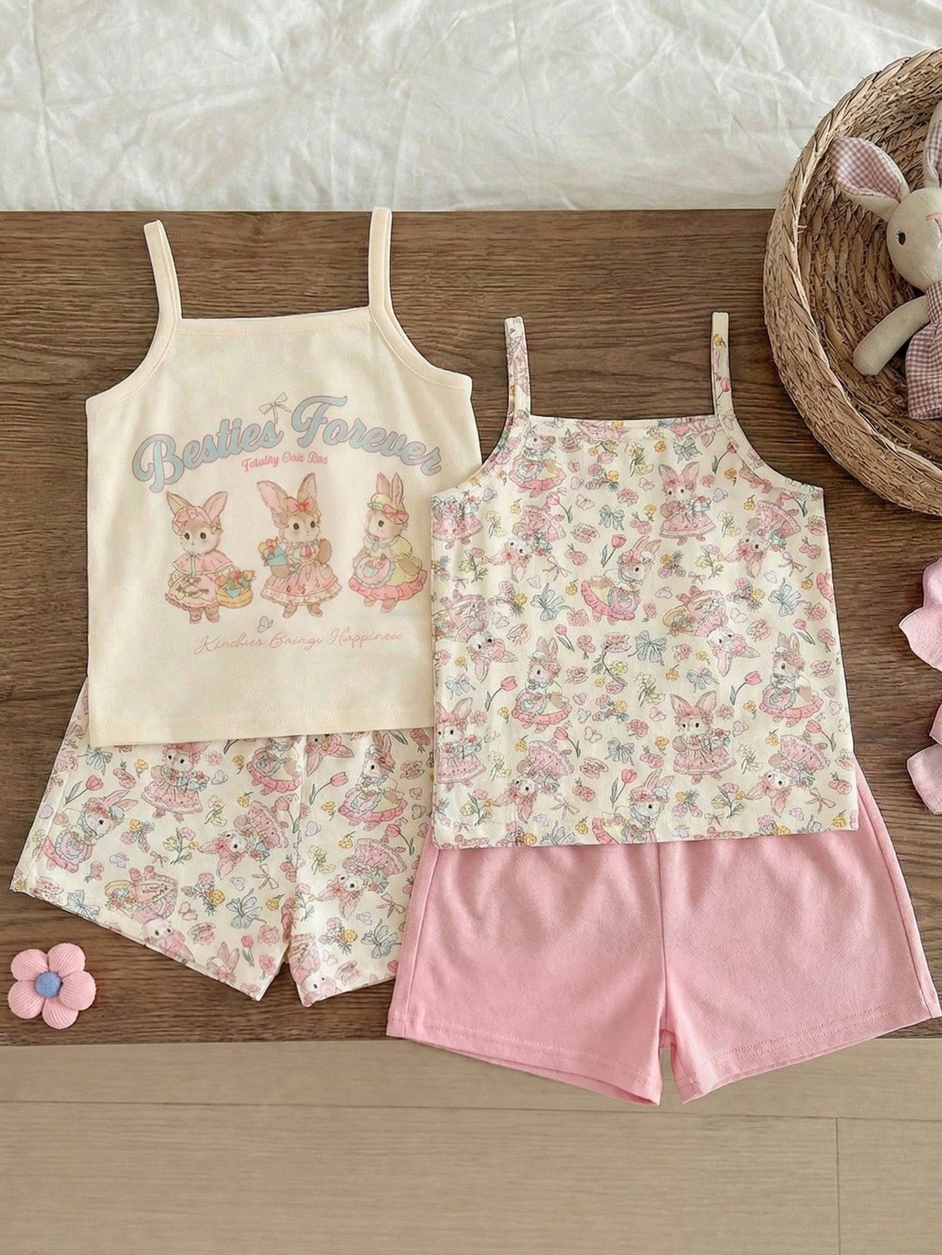 Kit 2 Conjuntos Bebê Menina Regata Coelho e Shorts 004 Conjunto Menina 20 Kabannas Rosa e bege 6-9 Meses 
