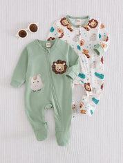 Kit 2 Macacões Bebê com Pé e Zíper Estampa Safári 004 Macacão Unissex 01 Kabannas Verde e branco 1-3 Meses 