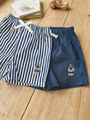 Kit 2 Shorts Infantil Menino Listrado e Liso com Patch de Urso - Azul e listrado