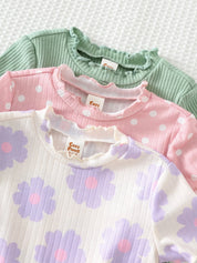 Kit 3 Bodies Bebê Menina Canelado Floral, Poá e Liso 004 Body Menina 01 Kabannas 