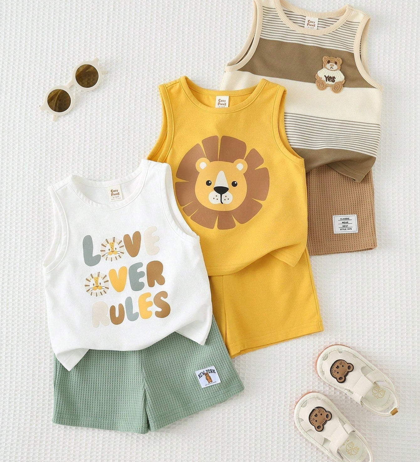 Kit 3 Conjuntos Bebê Menino Regata e Shorts Leão e Urso 003 Conjunto Menino 20 Kabannas Colorido 3-6 Meses 