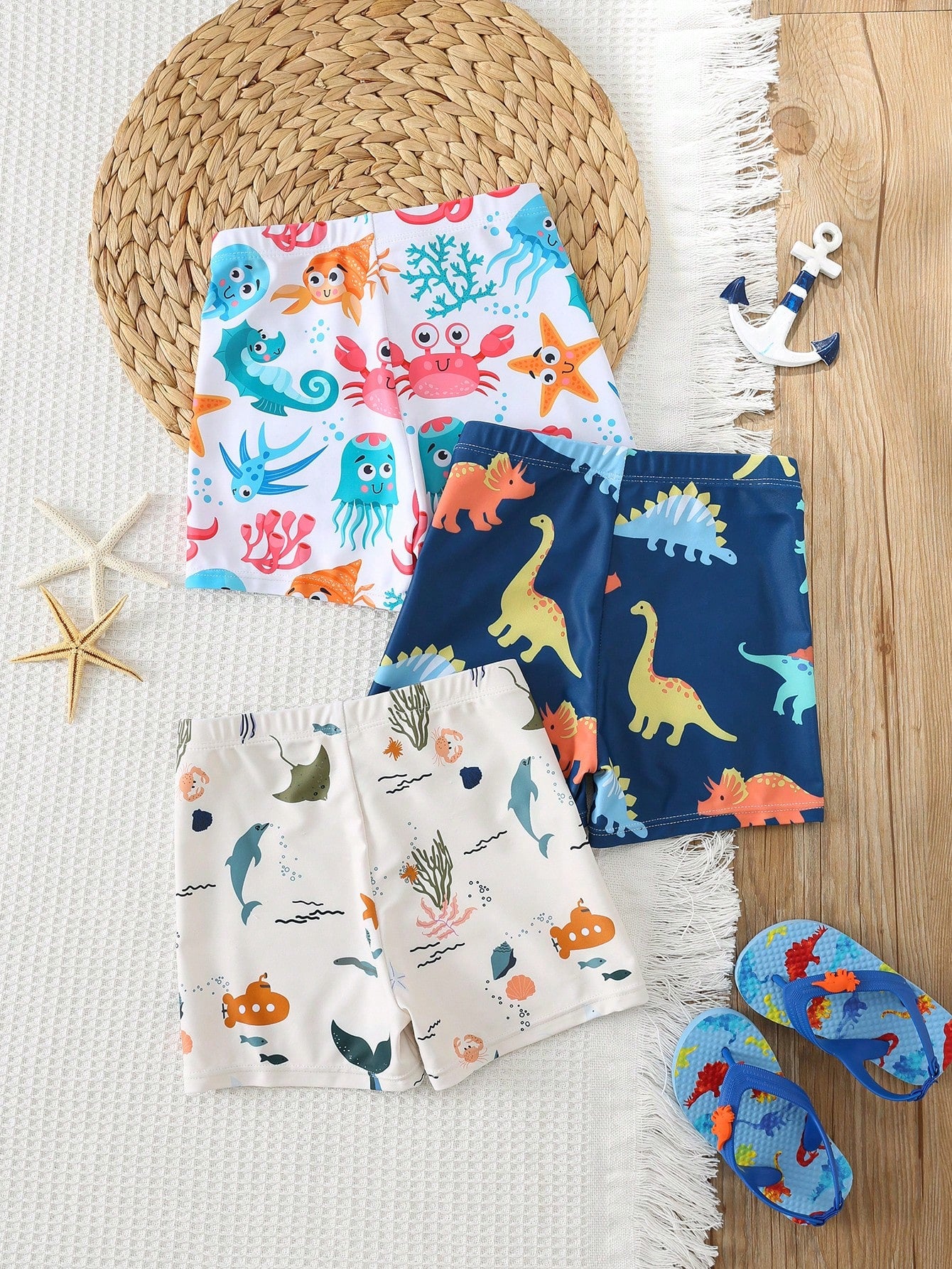 Kit 3 Sungas Boxer Infantil Menino Dinossauro e Fundo do Mar - Branco e azul marinho