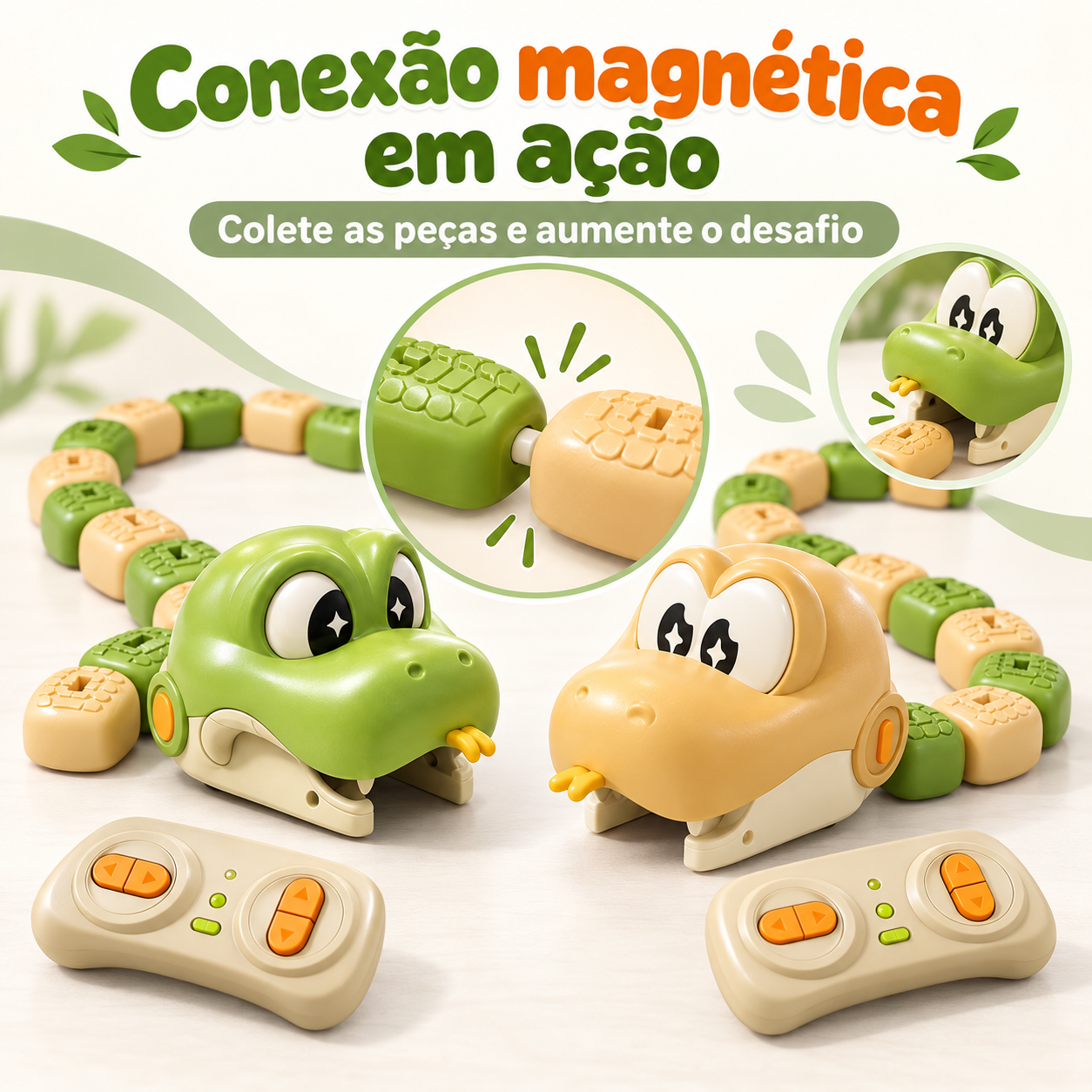 Detalhe da conexão magnética dos segmentos das duas cobras