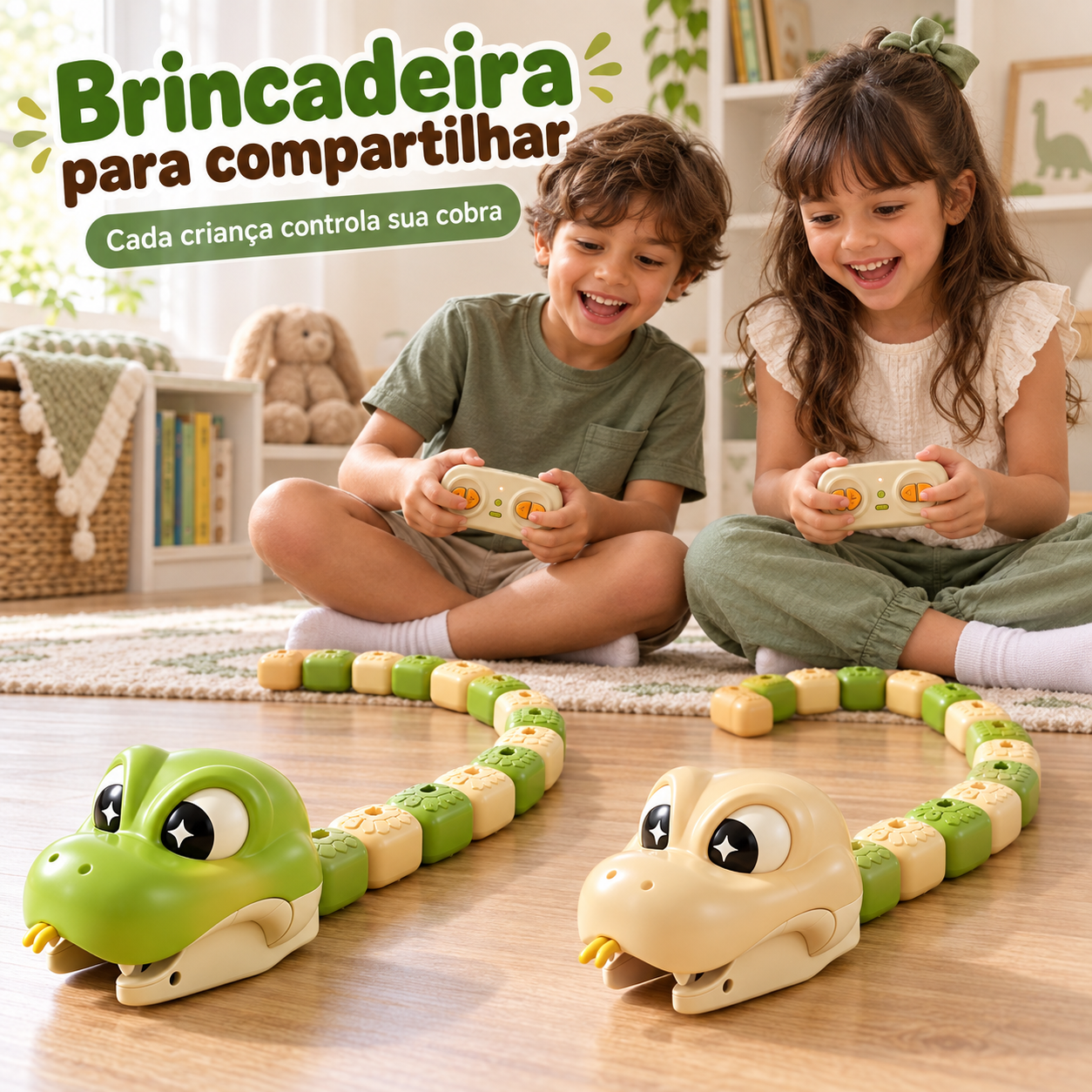 Duas crianças brincando com o kit de duas cobras de controle remoto