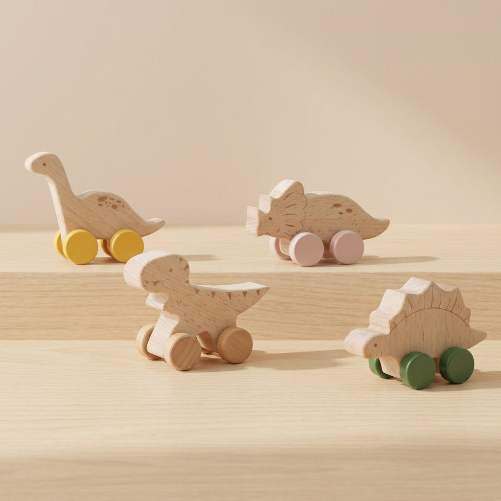 Kit Dinossauros Montessori de Madeira com Rodinhas Brinquedos de Madeira 03 Kabannas 