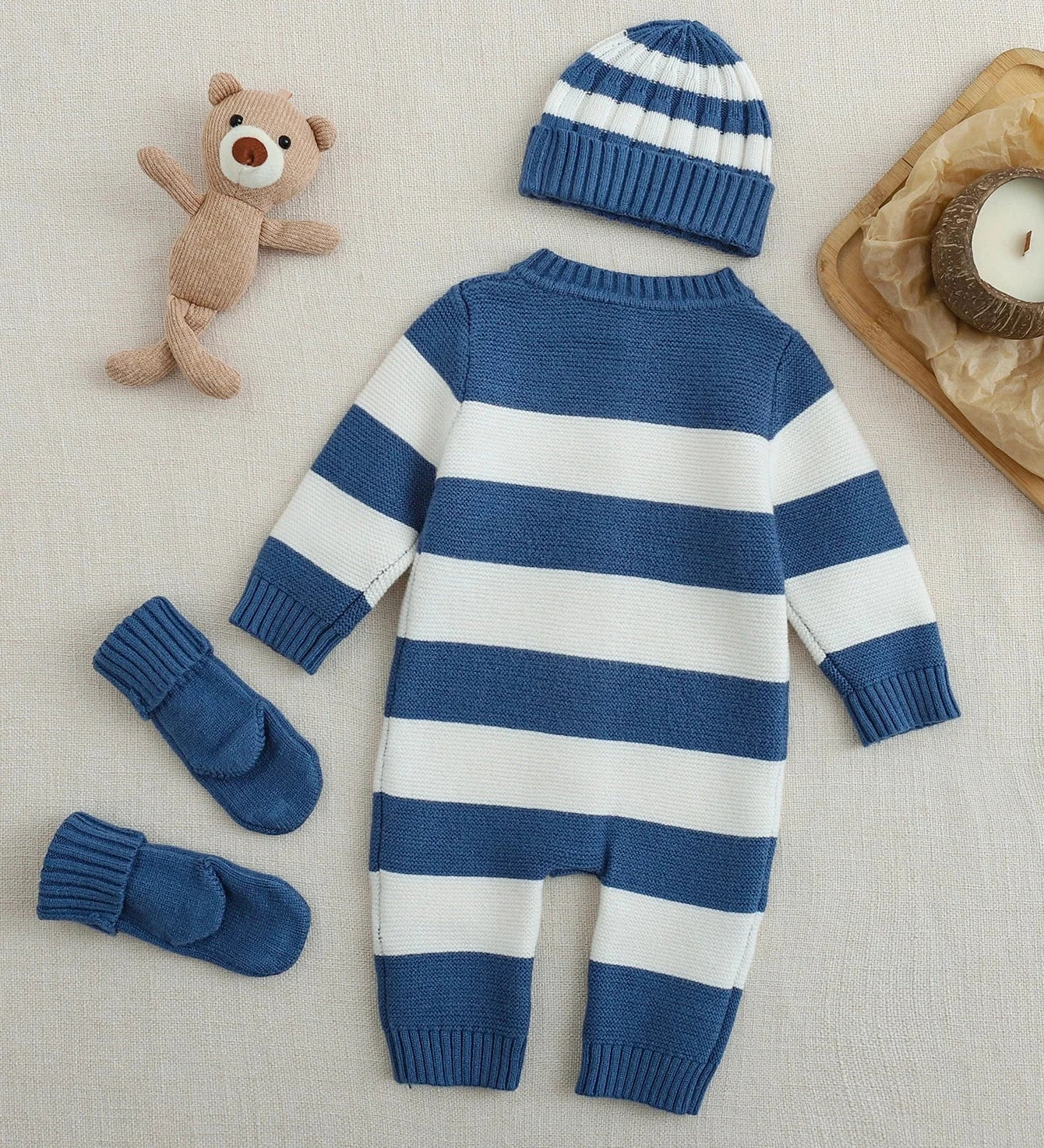 Kit Macacão Bebê Unissex 3 Peças Tricô Listrado com Urso 003 Macacão Menino 07 Kabannas 