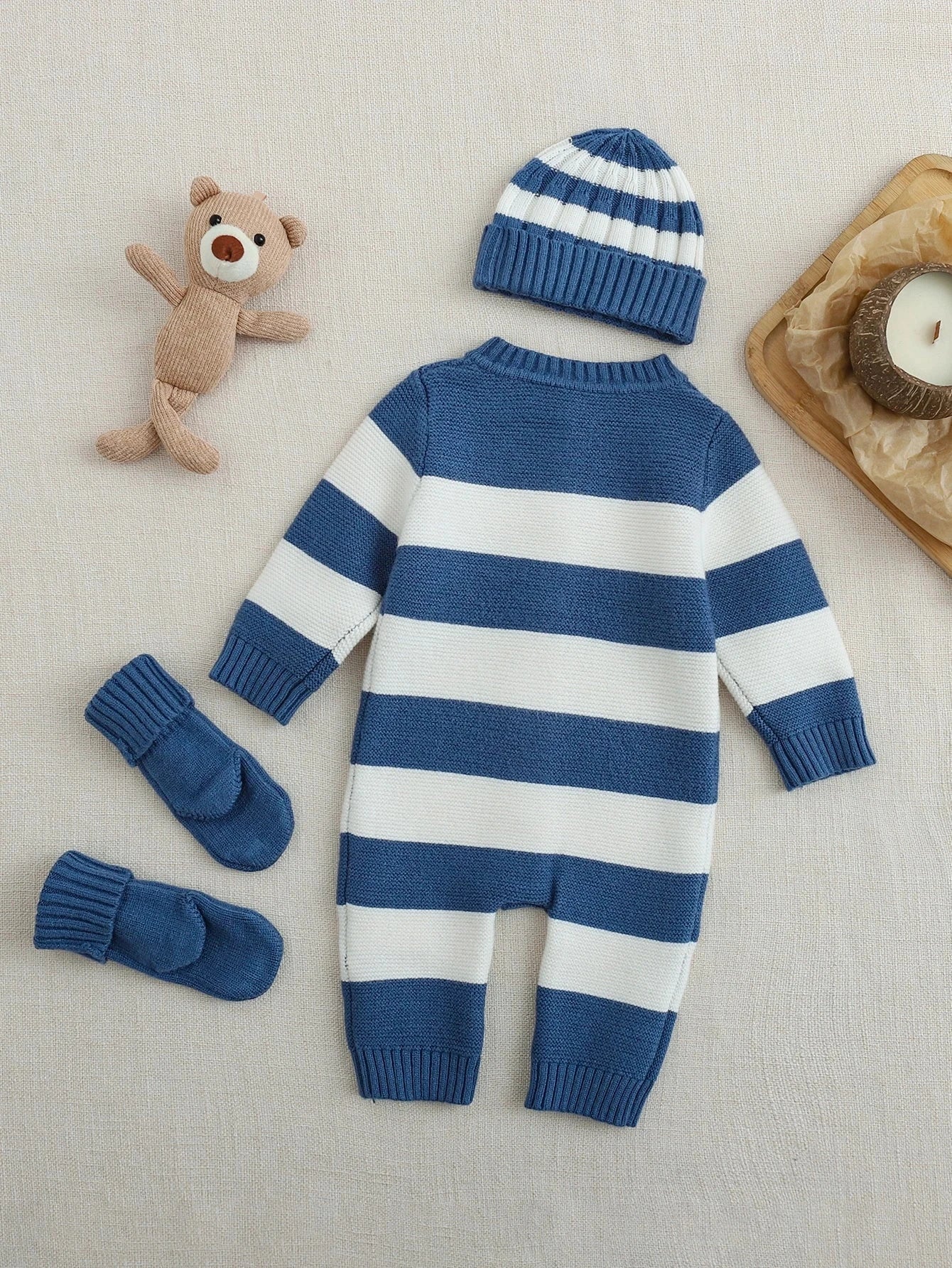 Kit Macacão Bebê Unissex 3 Peças Tricô Listrado com Urso 003 Macacão Menino 07 Kabannas 