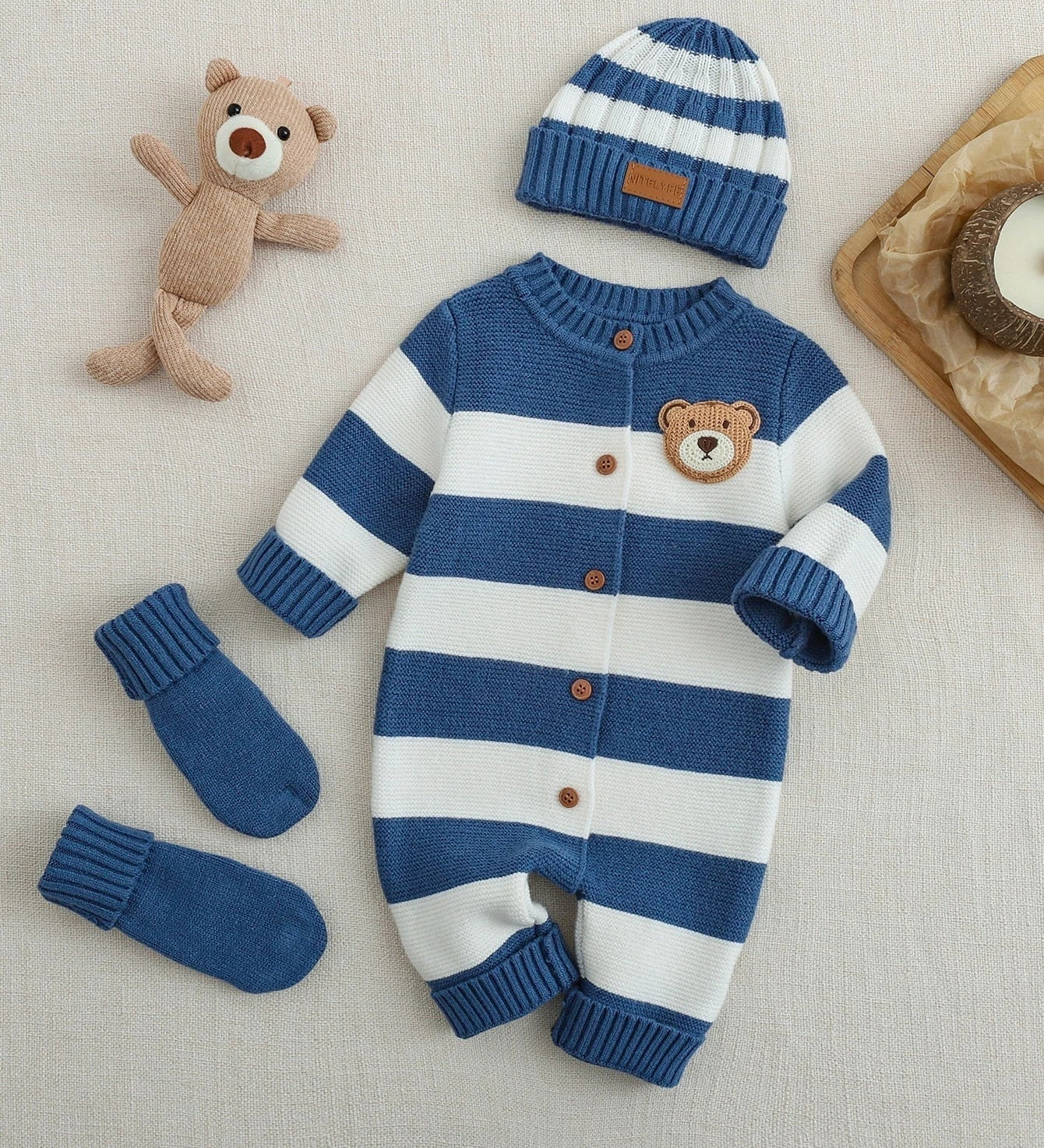 Kit Macacão Bebê Unissex 3 Peças Tricô Listrado com Urso 003 Macacão Menino 07 Kabannas Azul Recém-nascido 