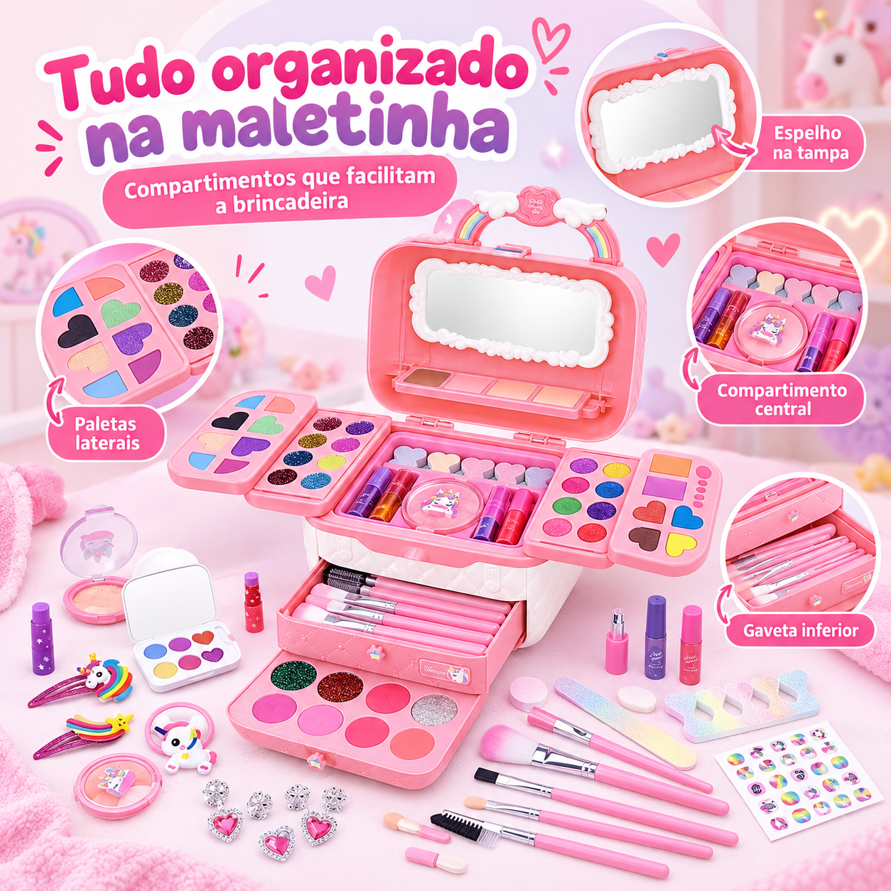 Maletinha de maquiagem infantil com espelho gaveta e compartimentos