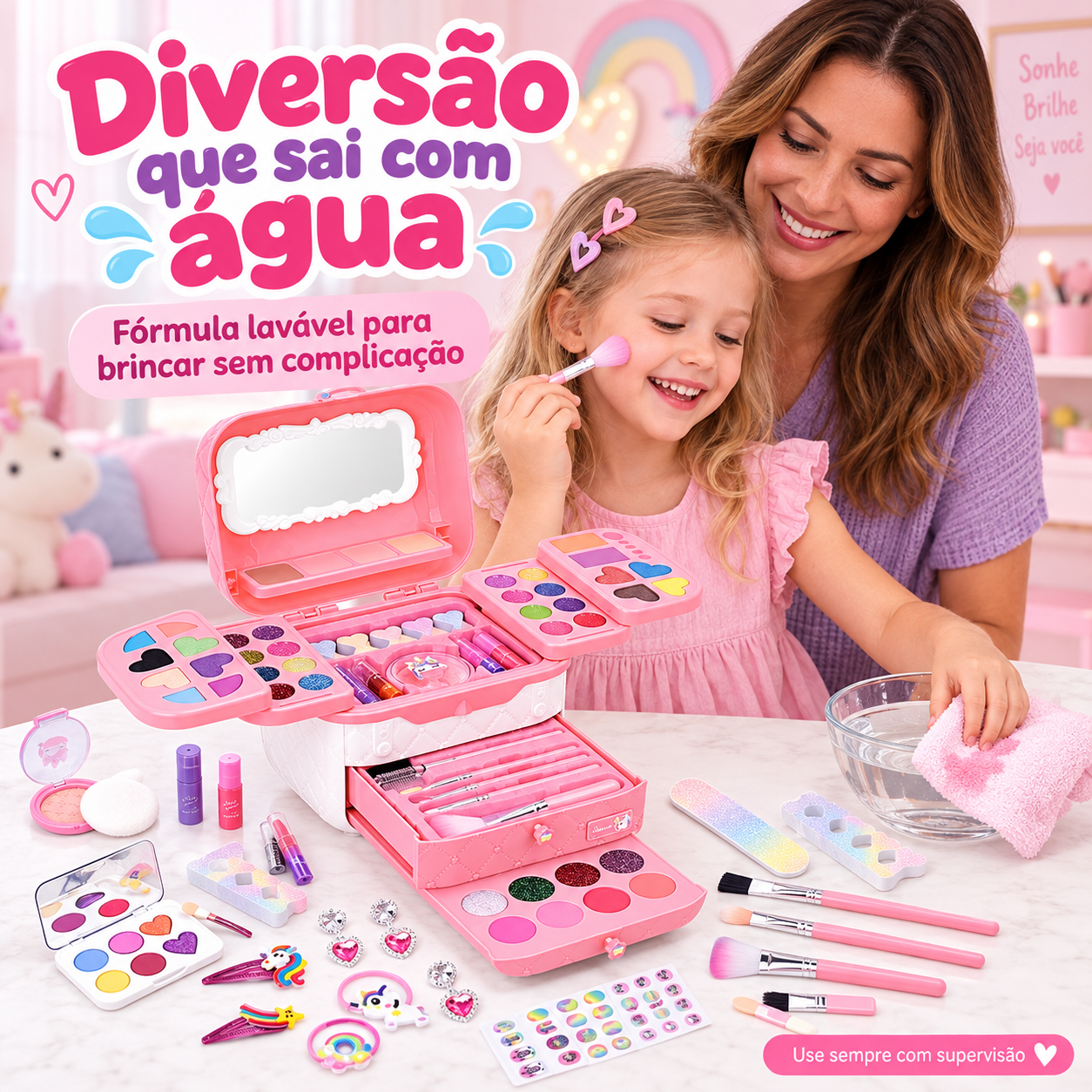 Kit maquiagem infantil com fórmula lavável em uso supervisionado