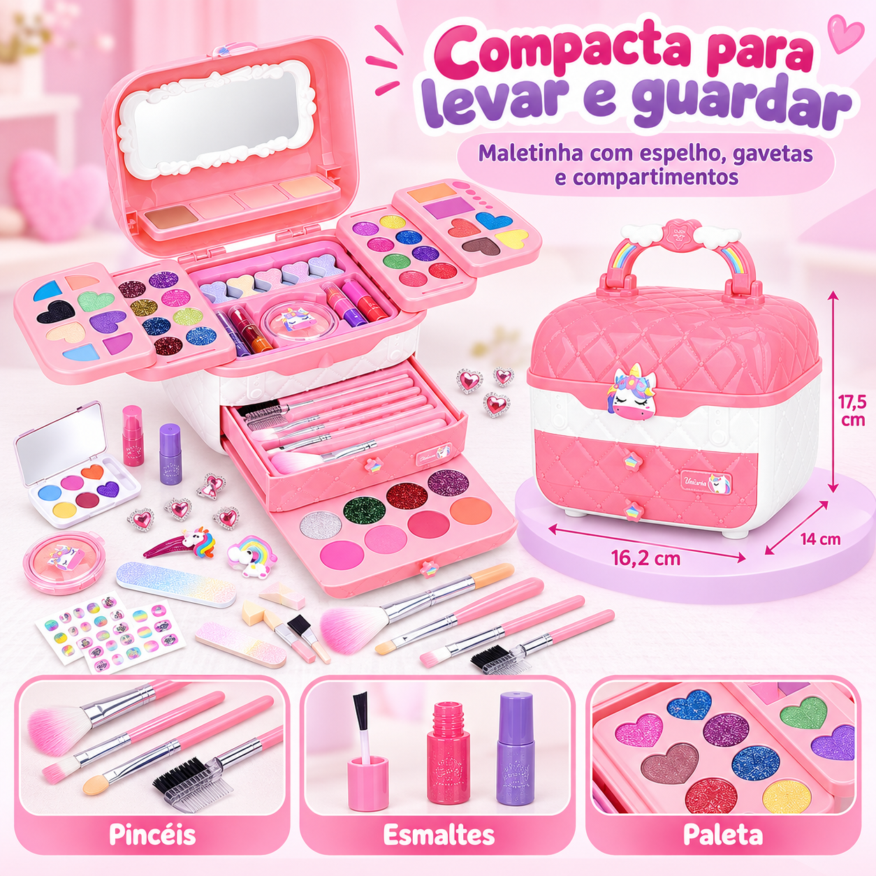Kit maquiagem infantil com medidas e acessórios visíveis