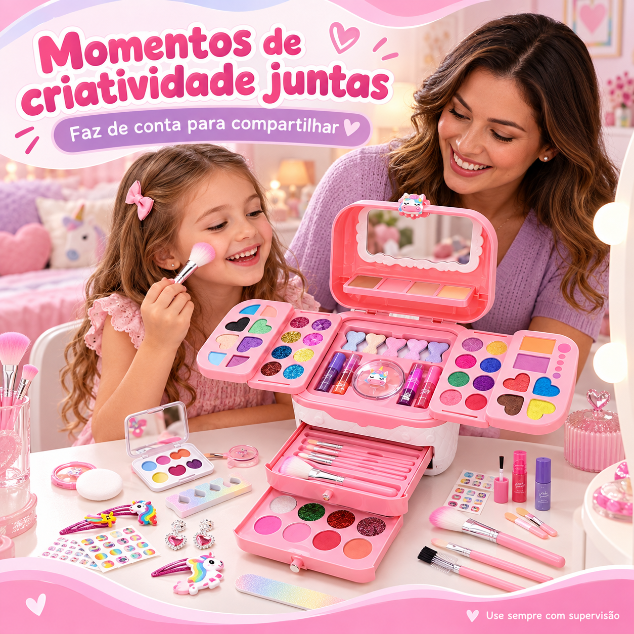 Kit maquiagem infantil em momento criativo entre mãe e filha