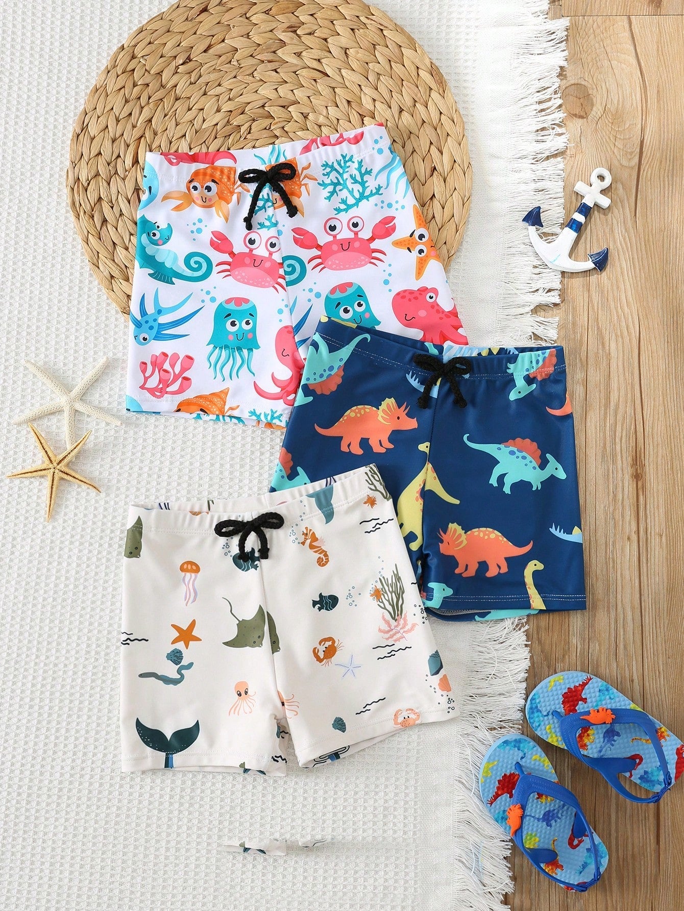 Kit 3 Sungas Boxer Infantil Menino Dinossauro e Fundo do Mar - Branco e azul marinho
