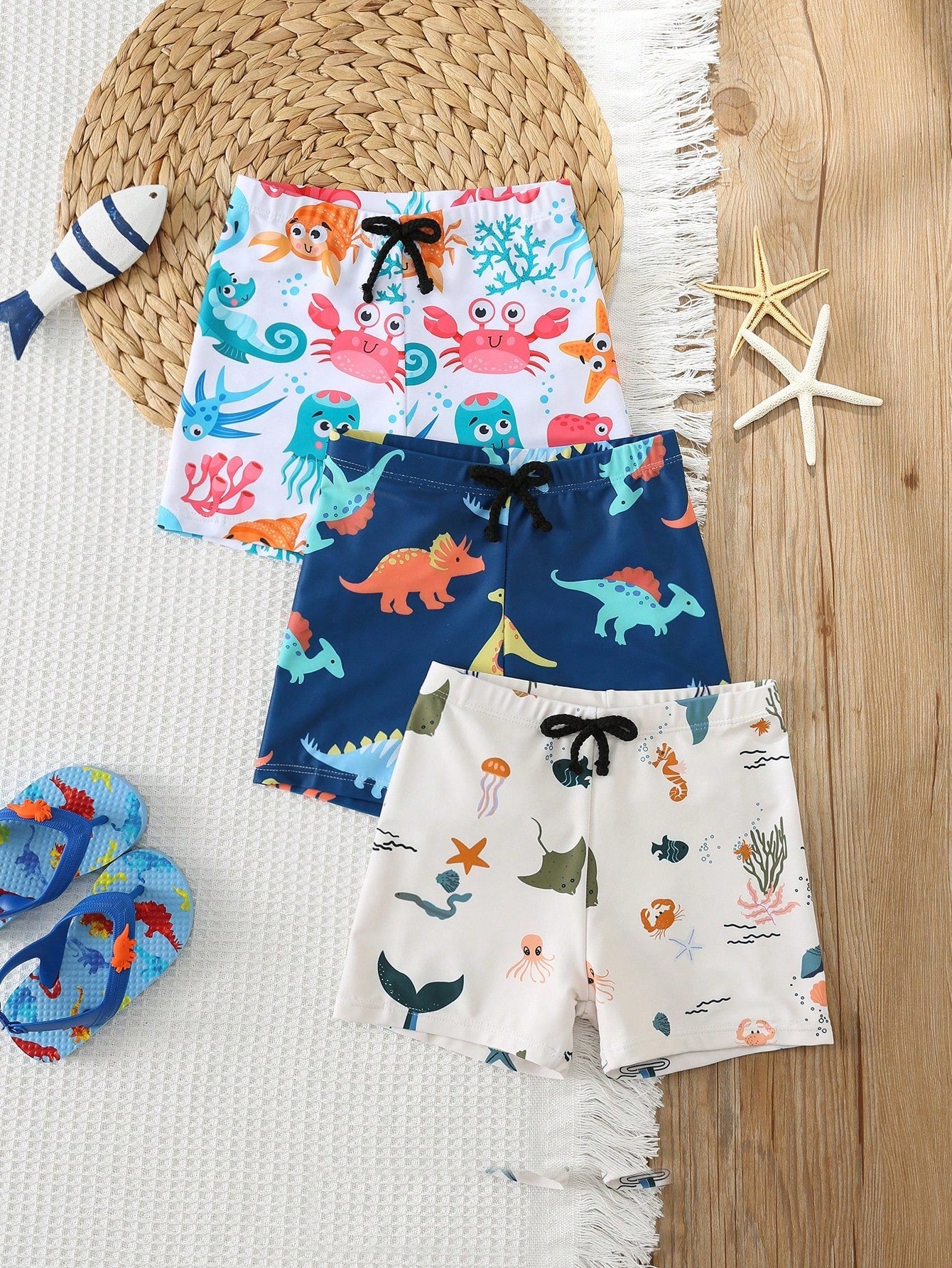 Kit 3 Sungas Boxer Infantil Menino Dinossauro e Fundo do Mar - Branco e azul marinho