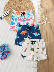 Kit 3 Sungas Boxer Infantil Menino Dinossauro e Fundo do Mar - Branco e azul marinho