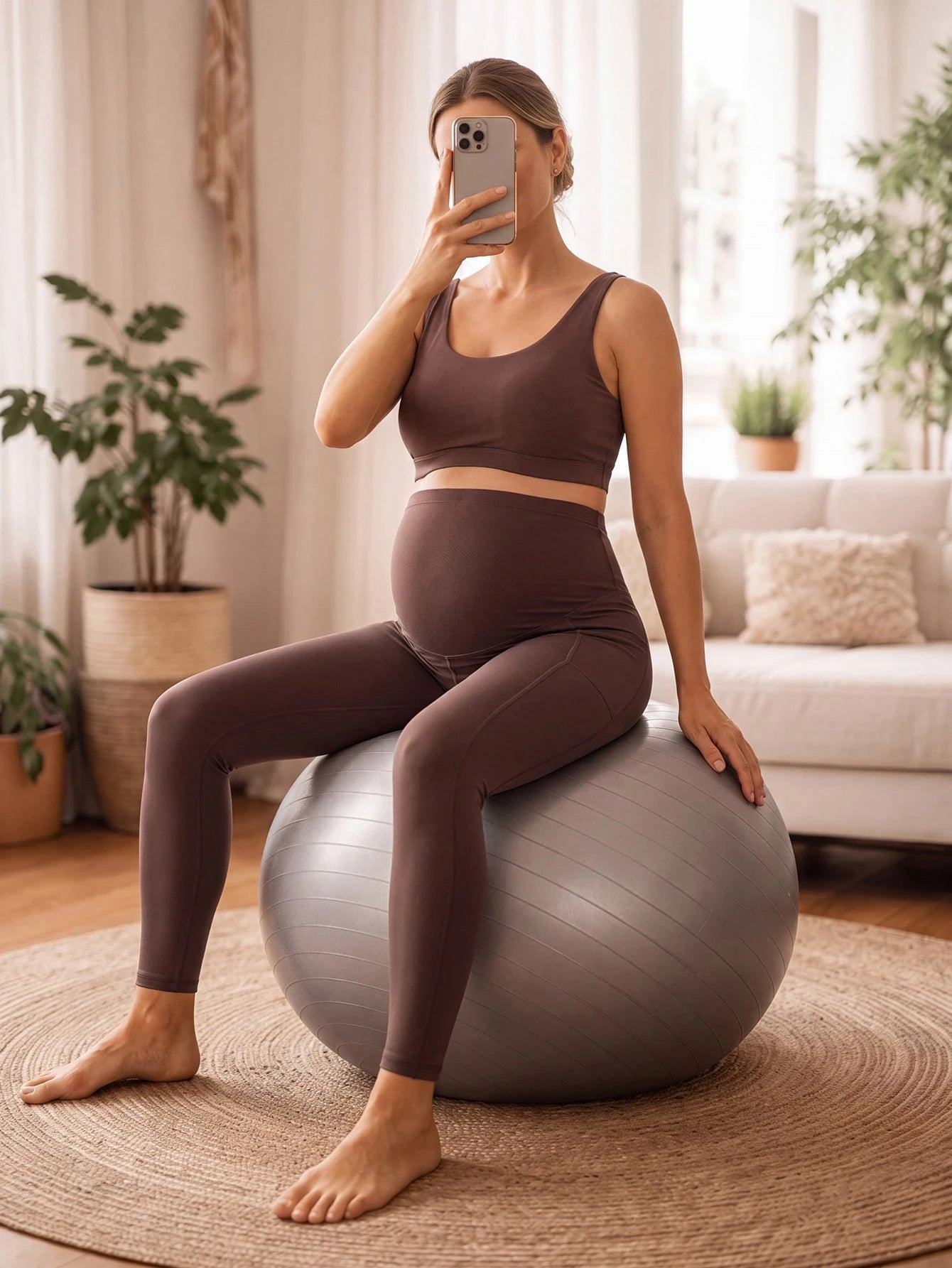 Legging Gestante Cós Alto com Bolsos Laterais - Marrom