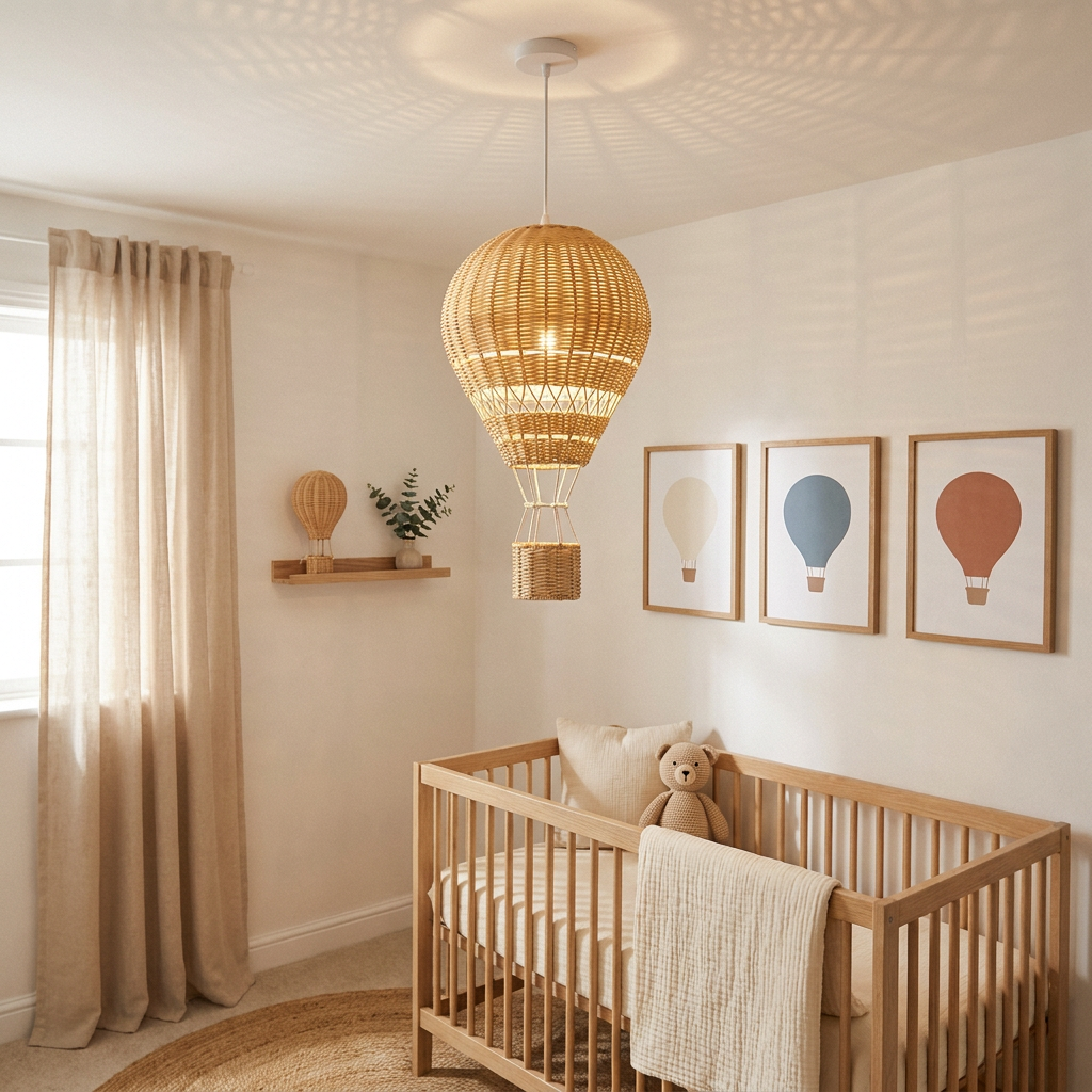 Luminária Pendente Balão de Ar Quente Rattan LED Infantil Luminária Pendente 01 Kabannas