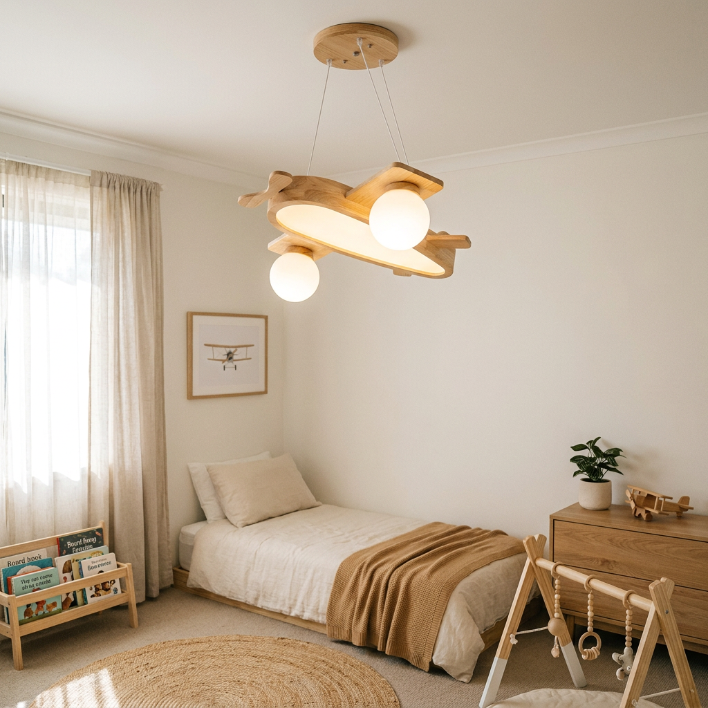 Lustre Infantil Avião de Madeira LED Lustre 01 Kabannas