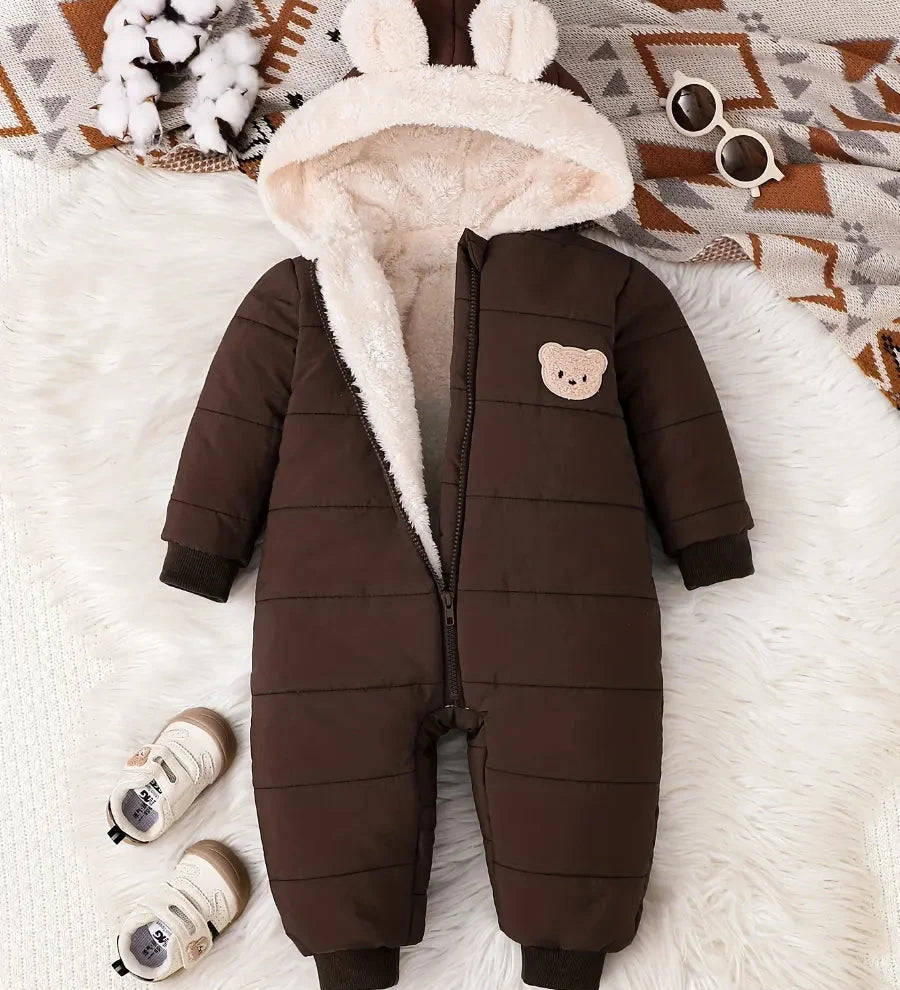 Macacão Bebê Acolchoado com Capuz Forro Pelúcia Orelhinhas Urso Macacão Menino 01 Kabannas Marrom 0-3 meses 