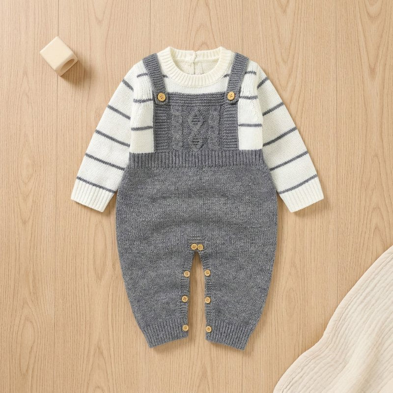 Macacão Bebê de Tricô com Blusa Listrada Unissex Moda Vintage Infantil 64 Kabannas Cinza 0-3 Meses 