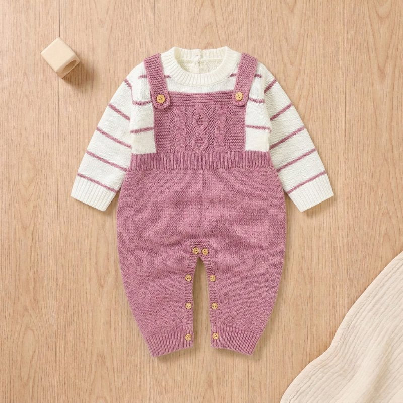 Macacão Bebê de Tricô com Blusa Listrada Unissex Moda Vintage Infantil 64 Kabannas Rosa 0-3 Meses 