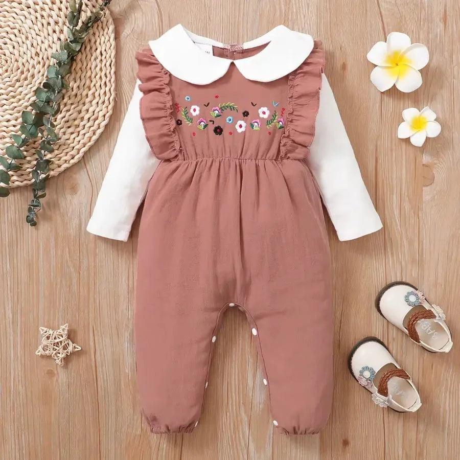 Macacão Bebê Menina Manga Longa Gola Peter Pan Bordado Floral Macacão Menina 03 Kabannas Rosa e branco 0-3 Meses 
