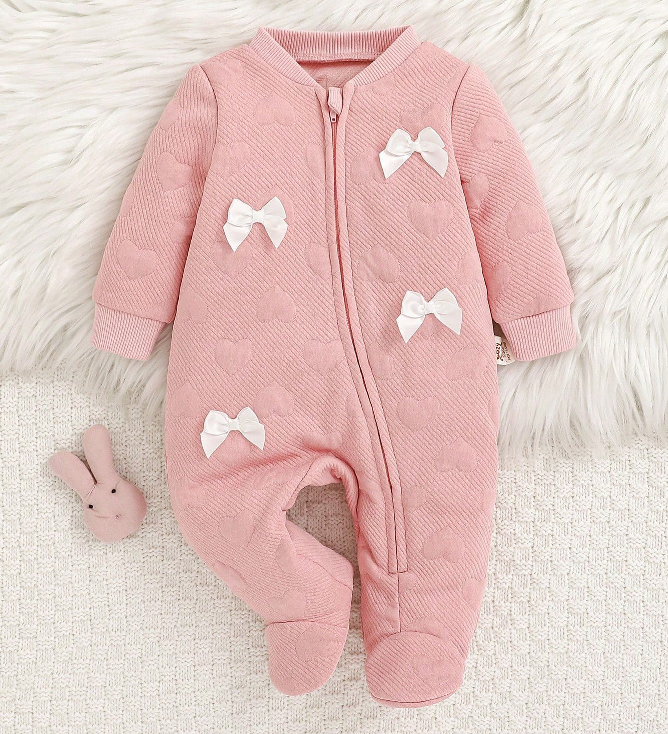 Macacão Bebê Menina Manga Longa Jacquard Corações Laço Decorativo Zíper 001 Macacão Menina 01 Kabannas Rosa Recém-nascido 