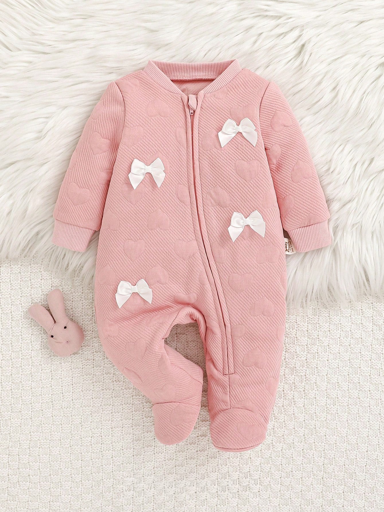 Macacão Bebê Menina Manga Longa Jacquard Corações Laço Decorativo Zíper 001 Macacão Menina 01 Kabannas Rosa Recém-nascido 
