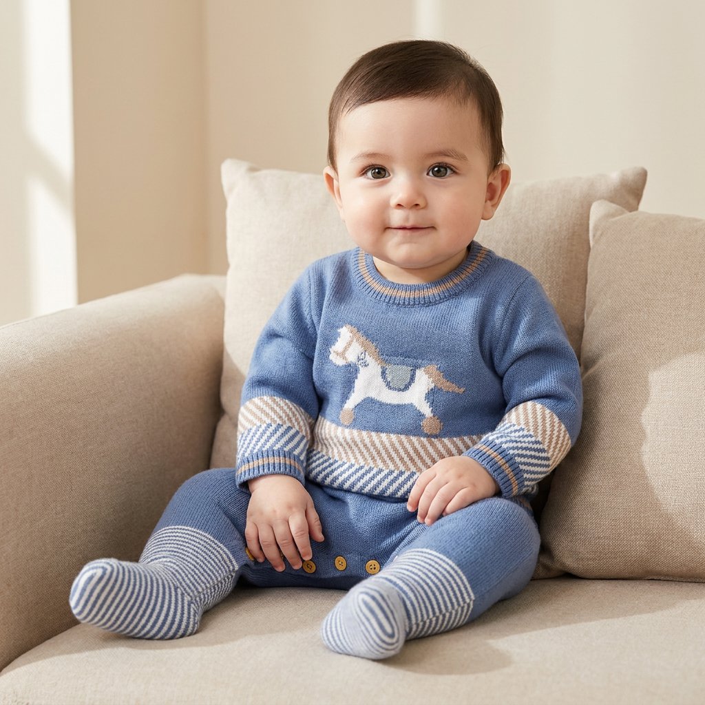 Macacão Bebê Menino Tricô Cavalinho com Pé Moda Vintage Infantil 91 Kabannas Azul Recém-nascido 